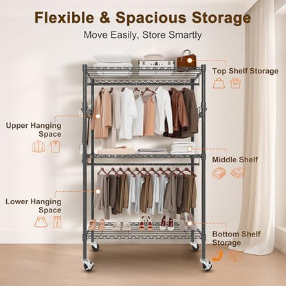 Whitmor 3 Tier Rolling Garment Rack, Heavy Duty Adjustable Metal Clothing Rack with Side Hooks, Double Rods & 360° Lockable Wheels, Max 600LBS for Hanging Clothes, 35.4" L x 16" W x 77" H, Black
