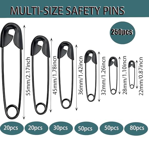 250 Pieces 6 Different Sizes Safety Pins Large and Small Safety Pins Durable, Rust-Resistant for Art Craft Sewing Jewelry Making Home Office Supplies (Black) - color: Black