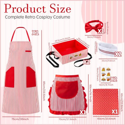 Adult 1950s Waiter Costume Kit for Men Women | Movie Night Worker Costume Set with Red & White Striped Apron Hat Bow Tie Polka-dot Scarf for Halloween 1950s Party Cosplay - color: Red - 10pcs