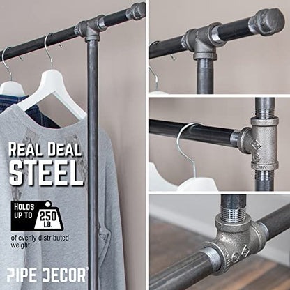 PIPE DECOR 39” x 20 ¼” x 82” Rolling Steel Pipe Double Rod Clothing Rack, Commercial or Residential Industrial Clothes Display, Heavy Duty Black Steel Metal Wheeled Garment Frame - size: 39 in. x 82 in.