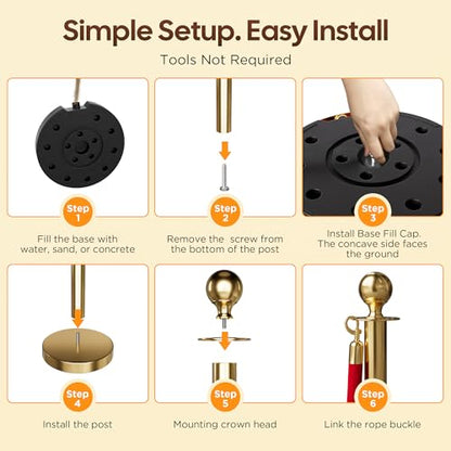 12 Pcs Gold Stanchions and Velvet Ropes Set, Stainless Steel Crowd Control Barriers, 8Pcs Red Carpet Ropes and Poles for Party Supplies,360 Photobooth,Prom,Birthday,Business,Wedding,Museums (2package) - color: Gold, size: 12pcs