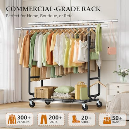 Gewudraw Clothes Rack Heavy Duty Load 900 Lbs With Wheels, Double Rod,Black | Rolling Clothing Rack, Adjustable Height, Extendable Rod, Portable, Collapsible, Shelf, Hooks,for Wardrobe,Bedroom,Commercial - color: Black, style: Double Rod