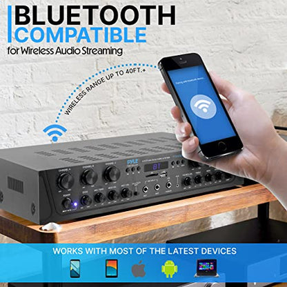 Pyle Home Audio Amplifier with Bluetooth - 6 Channel 600 Watt Peak Power, Karaoke with Echo, 2 Mic Input with Talkover, Headphone In, USB A MP3 Player with SD Reader - Home, Commercial, Worship - style: 6 Channel