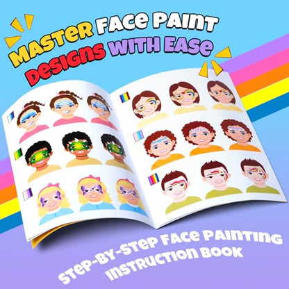 Drawdart Professional Face Painting Kit for Kids Adults, Rainbow Split Cake Face Paint Makeup Palette 12 x 10gm+ 4 Colors Pro Pressed Glitter Eyeshadow Palette, with Brushes Sponges Stencils Gems - color: Classic