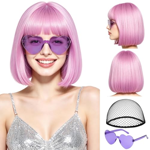 Short Bob Straight Hair Wigs with Bangs, Synthetic Fiber Colorful Hair, Heart-shaped Sunglasses for Women (Pink-Purple) - color: Pink-Purple