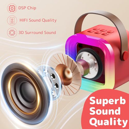 Karaoke Machine for Kids Adults, Mini Karaoke Machine with 2 Wireless Microphones, Portable Bluetooth Speaker with Voice Changing Effects & LED Lights, Best Gifts Toys for Girls and Boys - color: Red