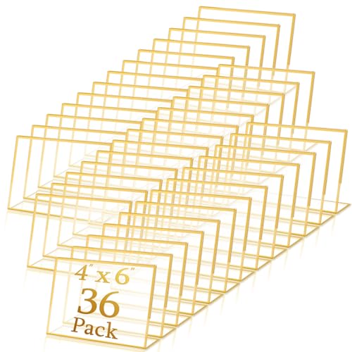 36 Pack Acrylic Sign Holder Gold Frame Table Numbers Slanted Back Menu Display Stand Clear Flyer Document Photo Display Holders Plastic Table Signs for Wedding Office(Horizontal Style,4 x 6 Inch) - style: Horizontal Style