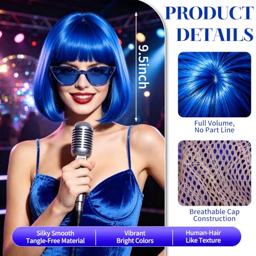 Short Bob Straight Hair Wigs with Bangs, Synthetic Fiber Colorful Hair, Cat Eye Glasses for Women (Blue) - color: Blue