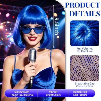 Short Bob Straight Hair Wigs with Bangs, Synthetic Fiber Colorful Hair, Cat Eye Glasses for Women (Blue) - color: Blue