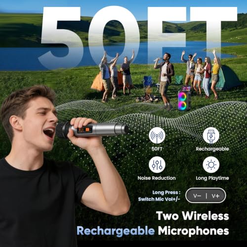 Karaoke Machine, Bluetooth Speaker with 2 Wireless Microphones Adults Kids | Portable Size, TWS Mode, LED Light, 10H Battery PA System,Dual Speaker, USB TF AUX, Home Party Outdoor Camping Birthday Gifts - size: 2 Mics