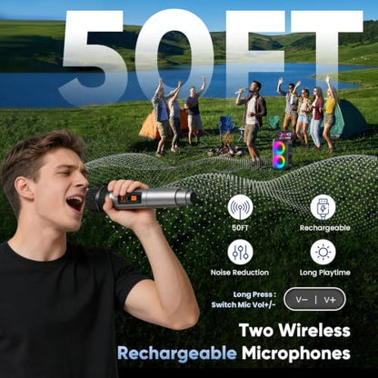 Karaoke Machine, Bluetooth Speaker with 2 Wireless Microphones Adults Kids | Portable Size, TWS Mode, LED Light, 10H Battery PA System,Dual Speaker, USB TF AUX, Home Party Outdoor Camping Birthday Gifts - size: 2 Mics