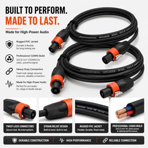 Speakon Cable 6ft 2 Pack — 12AWG OFC NL4FC Twist-Lock Speaker Wire for PA System, DJ Booth, Stage Monitor, Subwoofer, Bass Cabinet, Church & Touring Production
