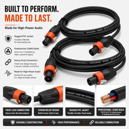 Speakon Cable 6ft 2 Pack — 12AWG OFC NL4FC Twist-Lock Speaker Wire for PA System, DJ Booth, Stage Monitor, Subwoofer, Bass Cabinet, Church & Touring Production