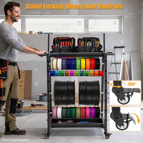 12-Rod Wire Spool Rack, 500lb Heavy-Duty Caddy Dispenser with Swivel Caster | steel frame, holds cable reels wires, ropes, craft ribbons, for industrial, retail, craft room, flower shop use - size: Black Wire Spool Rack (12 Rods)