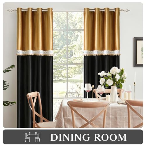 GIGIZAZA Velvet Pom Curtains 108 Inch for Living Room 2 Panels Gold Black - color: Pom Pom/Gold+black, size: 52"W x 108"L (Pack of 2)