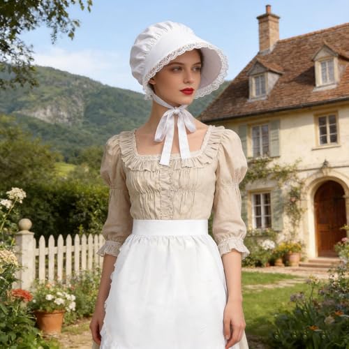 2Pcs Women Vintage Colonial Costume Accessory Set, White Bonnet & Waist Apron, Pioneer Amish Pilgrim Cosplay Outfit for Adult Halloween Renaissance Fair