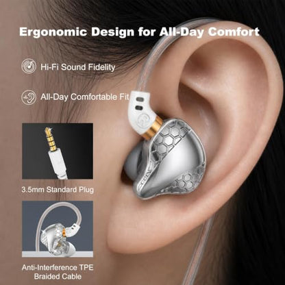 In Ear Monitor Headphones Dual Magnetic Dynamic Driver IEM with Mic, Silver | Hybrid Banlance Armature with Dynamic in Ear Headphones IEM Earphones Gaming Earbuds - color: H89-Silver with Mic