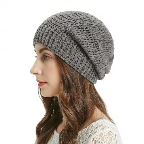 ZLYC Women Cotton Crochet Slouchy Beanie Hat Handmade Knit Summer Skull Cap | Lightweight breathable,boho casual chic look,travel photos festival party,café commute daily wear,beach concert gathering - color: Gray