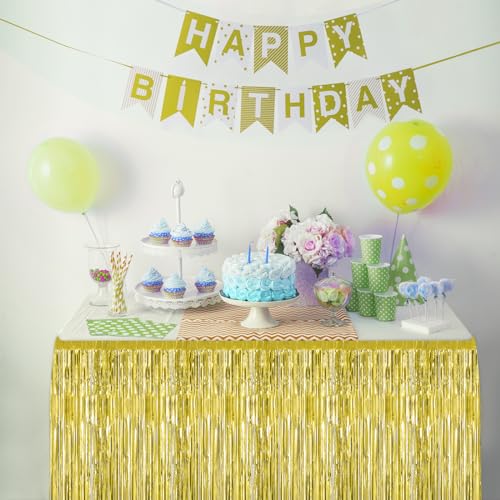 2 Pack 29.5x108 Inch Gold Foil Tinsel Fringe Table Skirts, Disposable Table Skirts for Rectangle Tables Curtains Backdrop Parade Wedding Floats Baby Shower Birthday Mardi Gras Party - color: Gold