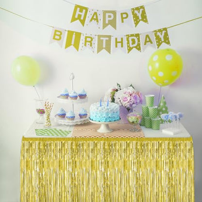 2 Pack 29.5x108 Inch Gold Foil Tinsel Fringe Table Skirts, Disposable Table Skirts for Rectangle Tables Curtains Backdrop Parade Wedding Floats Baby Shower Birthday Mardi Gras Party - color: Gold