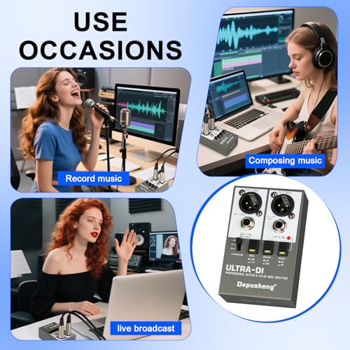 Depusheng Ultra-DI Di2 Professional Active 2-Channel DI-Box/Splitter w/Input Attenuator to Connect Guitar & Bass,Connector to Balanced & Unbalanced，Support 48V power supply