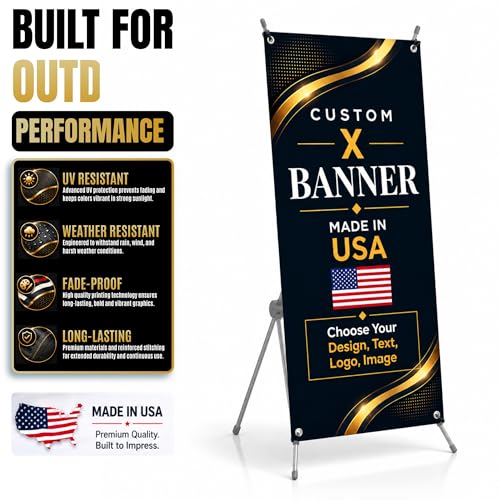 custom x stand banner 30x65" custom banners personalized Printed in USA | Custom x banner stand for Display, Vertical custom banner with stand (Option)business banners and signs customize for Event - color: X Stand Banner