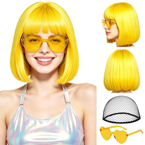 Short Bob Straight Hair Wigs with Bangs, Synthetic Fiber Colorful Hair, Heart-shaped Sunglasses for Women (Yellow) - color: Yellow