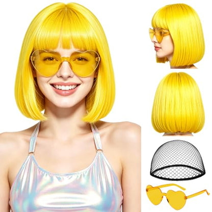 Short Bob Straight Hair Wigs with Bangs, Synthetic Fiber Colorful Hair, Heart-shaped Sunglasses for Women (Yellow) - color: Yellow