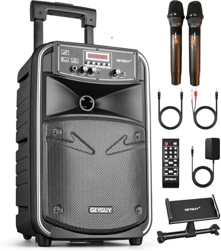 GTSK8-2 Portable Bluetooth PA Speaker System with 2 Wireless Microphones, 8" Karaoke Speaker, Rechargeable Battery, Rolling Wheels, LED Display, FM/AUX/MP3/USB/SD for Outdoor Party Events