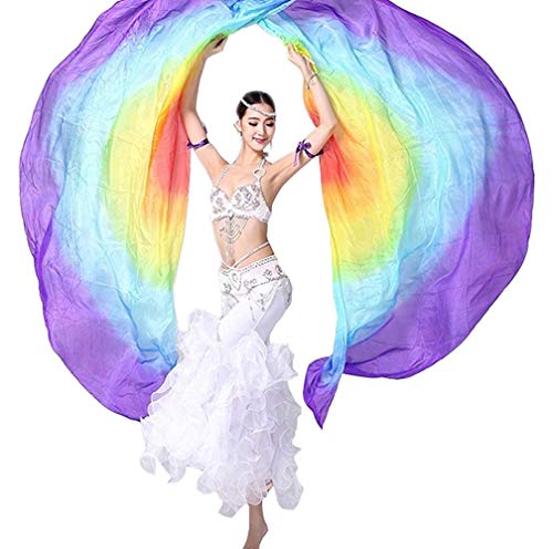 KIKIGOAL 100% Silk Belly Dance ISIS Wings Scarf Veil Fan with Telescopic Stick for Halloween Carnival Performance 1.4x2.7cm - color: Gradual Purple