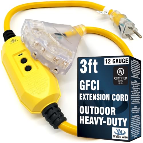 3 ft GFCI Extension Cord - Outdoor Extension Cord - Heavy Duty Outdoor Extension Cords 3 ft with Multiple Outlets - Watt's Wire - 3' Grounded - GFI Cord - size: 3 Ft