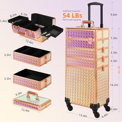 Somduy Rolling Makeup Case, Makeup Train Case with Lid, 5 in 1 Cosmetology Case on Wheels, Christmas Gift, Large Makeup Organizers, Profesional Cosmetic Case for Salon Barber, Bright Pink - color: Bright Pink