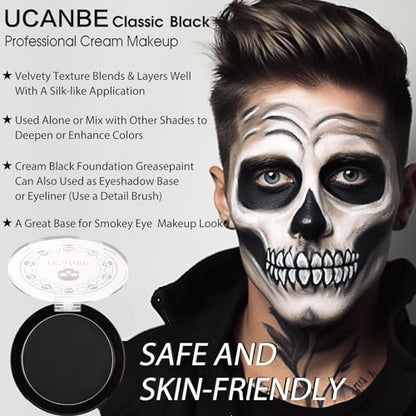 UCANBE Black Cream Face & Body Makeup Foundation, Professional Non-Toxic Greasepaint, Halloween Face Body Paint Palette for Kids & Adults, Facepaint for SFX Clown Zombie Vampire Skull Skeleton Cosplay - color: Black
