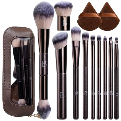Travel Makeup Brush Set BS-MALL Ultra-Soft Synthetic Bristles Eyeshadow Brush, Foundation Brush for Liquid Makeup, Double-ended Travel Bag & Triangle Puff - Travel-friendly Multi-purpose Kit 10 Pcs
