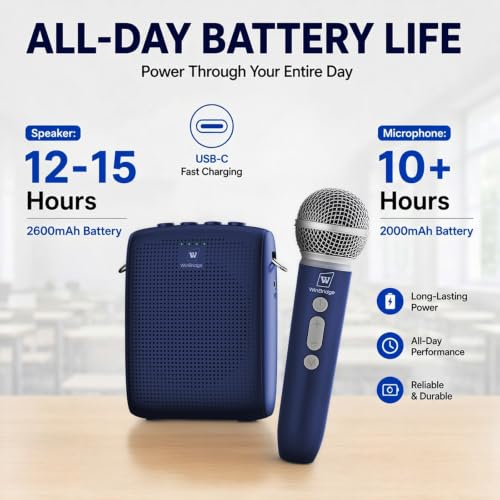 WinBridge Voice Amplifier with Wireless Mic for Teachers Blue WB009 | 15W Powerful Pa System,Bluetooth with 50ft Range, 12–15hr Battery, Dual Voice+Music Mode, Portable Lightweigh,Mute Control - color: Blue