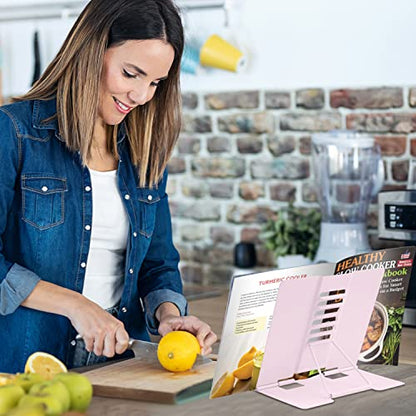 Honagu Book Stand Metal Desk Book Holder, Book Holders for Reading Hands Free, Adjustable Cookbook Documents Holder, Portable Bookstand for Music Books, Textbook, Recipe, Tablet, Ipad (Macaron Pink) - color: Macaron Pink