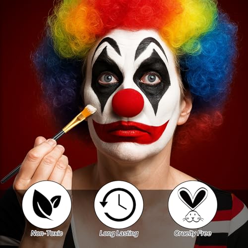 Scary Clown Makeup Face & Body Paint Kit Professional Black White Red SFX Cream Bodypaint with 5 Brushes Sponge Applicators & Clown Nose Facepainting Set for Kids Adult Halloween Joker Vampire Zombie - color: Black White Red 10 PCS