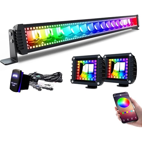Lpteso RGBW LED Light Bar 32'' inch 180W Flood Spot Combo Beam 2PCS 4 Inch 18W Flood RGB LED Pods with 16 Solid Colors Chasing RGB Halo Ring Changing with Strobe Flashing with Rocker Switch Wiring - size: 32Inch RGB Straight LED Light Bar