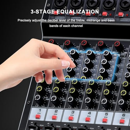 BOMGE Powr Mixers Audio, 6Channel Power Sound Mixer Amplifier 2 * 400W Dj Mixer Board withUSB, 6 X Mic Pres, +48V, Bluetooth, 256 Kinds of DSP for Speakers,concert party, karaoke studio