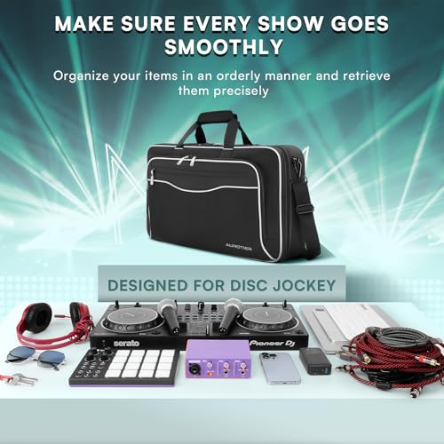 AUROTIER DJ Bag for DDJ-FLX4/DDJ 200/DDJ 400/DDJ REV1, Padded DJ Controller Crossbody Bag with 4 Pockets for 17.3 Inch Laptop, Cables, DJ Mixer Case with Adjustable Shoulder Strap for DJ Equipment - color: Grey
