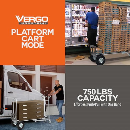 Vergo Industrial Convertible Hand Truck - AS7A2 Heavy Duty Aluminum 3 in 1 Dolly (750 lb Capacity) Lightweight Frame, Ergonomic Handle, Extendable Loop, Versatile Moving Dolly (3 Positions 53" High) - size: 3 Positions 53" High