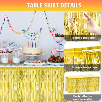 2 Pack 29.5x108 Inch Gold Foil Tinsel Fringe Table Skirts, Disposable Table Skirts for Rectangle Tables Curtains Backdrop Parade Wedding Floats Baby Shower Birthday Mardi Gras Party - color: Gold