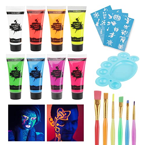 UV Blacklight Neon Face Body Paint, MEICOLY 8 Tubes Blacklight Reactive Paints,Water Based, Washable, Non-Toxic Neon Party Supplies for Halloween,02 - color: UV Face Paint Kit 02