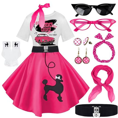 1950s Poodle Skirt Outfit Women 50s Sock Hop Costume T Shirt Accessories - color: Hot Pink-sockhop, size: Medium