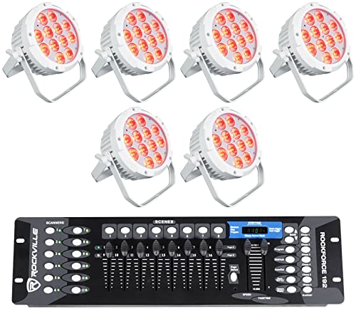 Rockville Wet PAR PRO White Wash Light 6-Pack with ROCKFORCE 192 Controller | IP54, RGBWA+UV, 12 LEDs, DMX, 15 Degree Beam, ROCKFORCE 192 DMX Lighting Controller, Indoor/Outdoor, 7-Items