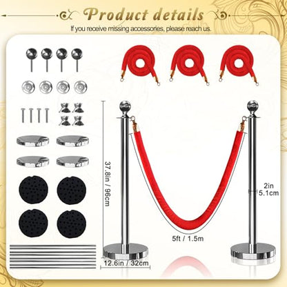 4PCS Silver Stanchions Posts with 3PCS 5 ft Red Velvet Rope, Red Velvet Rope Stanchion Set Crowd Control Barriers, Stanchions and Velvet Ropes Red Carpet Poles for Party Supplies - color: Silver, size: 4