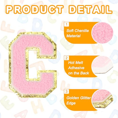 MECCANIXITY Chenille Letter Patches 3.1" Alphabet C Iron on Embroidered Patch Sew on Letter Stickers Applique for Repairing Clothing Jeans Shoes Hats DIY(Pink, Pack of 6) - style: Letter-C