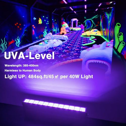 40W LED Black Light Bar for Glow Party, Blacklight with Plug &Switch, Each Light Up 484 Sq.ft Area, Halloween Glow Lights, Fluorescent Body Paint, Stage Lighting