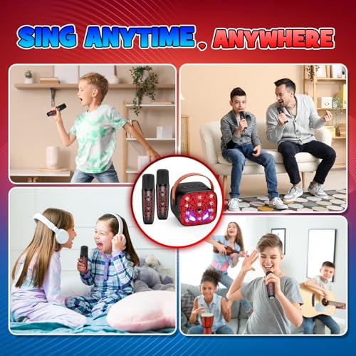 Cool Mini Karaoke Machine Toys: Kids Microphone Toys Birthday Gifts Age 3-12+ LED Portable Bluetooth Speaker with 2 Wireless Mic Gift Toy for 4 5 6 7 8 9 Years Old Girls Boys - color: Black