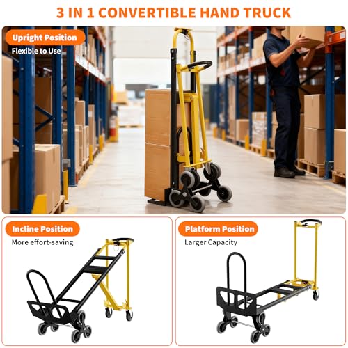 Heavy Duty Aluminum Hand Truck, 3-in-1 Convertible Folding Dolly Cart, Stair Climbing Hand Truck with Wheels, Industrial Platform Trolley for Warehouse, Home, Office & Transport Moving - color: Yellow+black
